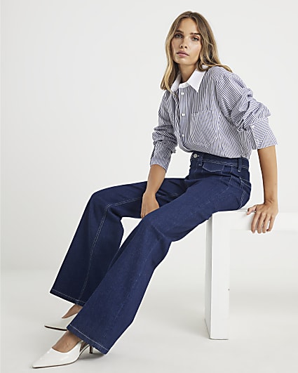 Blue High Rise Relaxed Flare Jeans