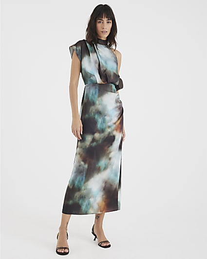 Green Satin Printed High Neck Midi Dress