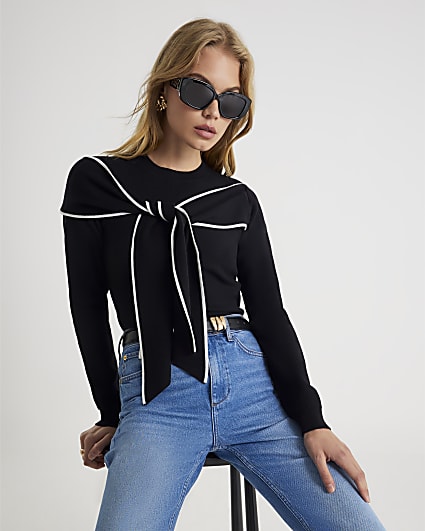 Black Knit Long Sleeve Tipped Bow Jumper