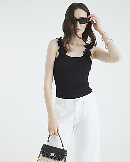 Black Sleeveless 3D Floral Ribbed Cami Top
