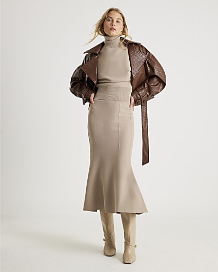 Beige Knit Flared Midi Skirt
