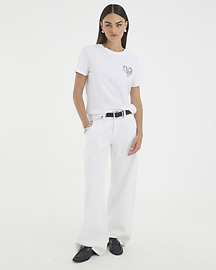 White Short Sleeve Snake Detail T-shirt