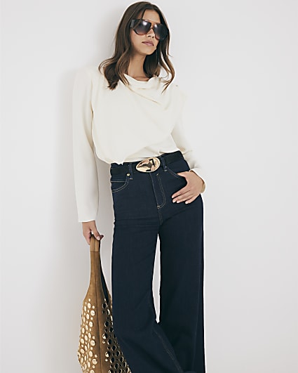 White Cowl Neck Drape Blouse