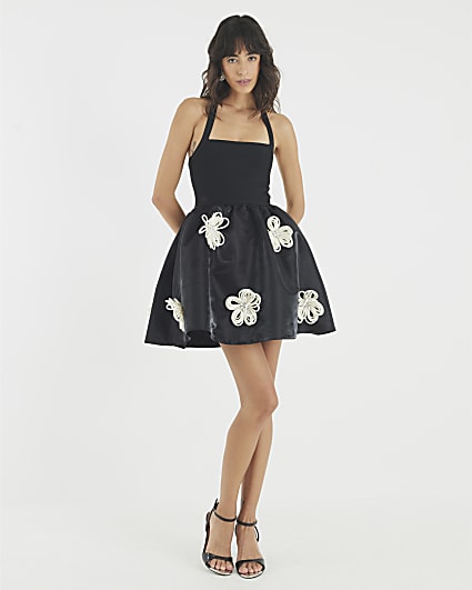 Black Sleeveless 3D Floral Mini Dress