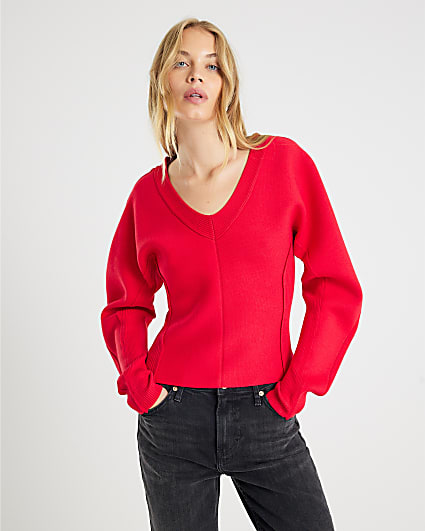 Red Structured Sleeve Knitted Top