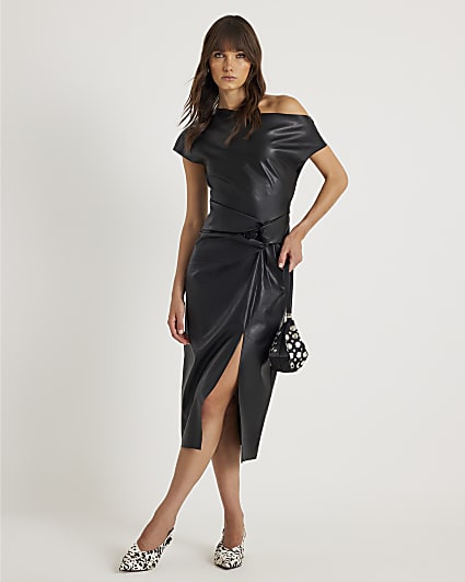 Black Faux Leather Draped Knot Midi Dress