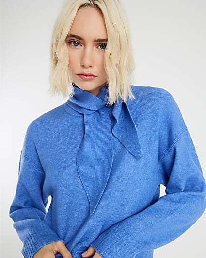 Blue Crew Neck Jumper With Tie