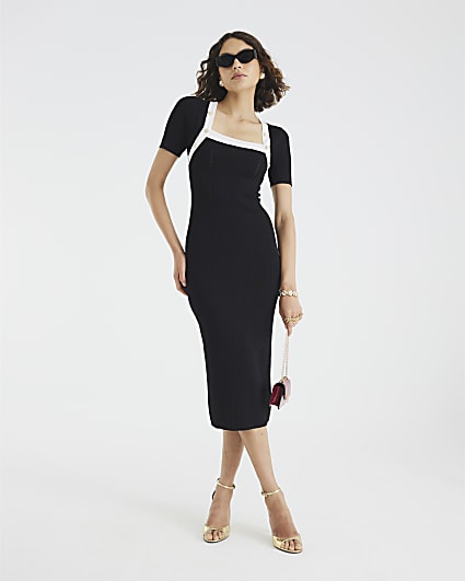 Black Knitted Button Detail Midi Dress