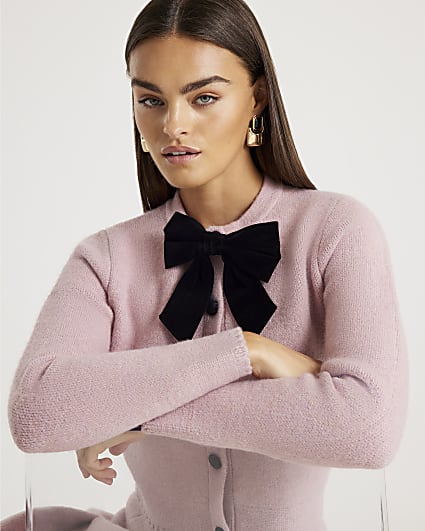 Pink Knitted Bow Front Cardigan