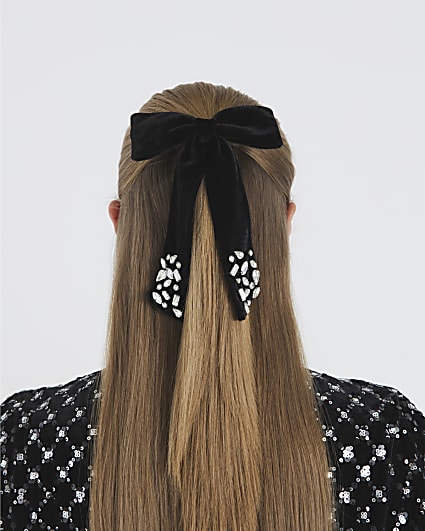 Black Diamante Velvet Bow Hair Clip