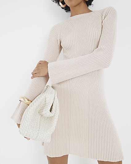 Cream Knitted Long Sleeve Mini Dress