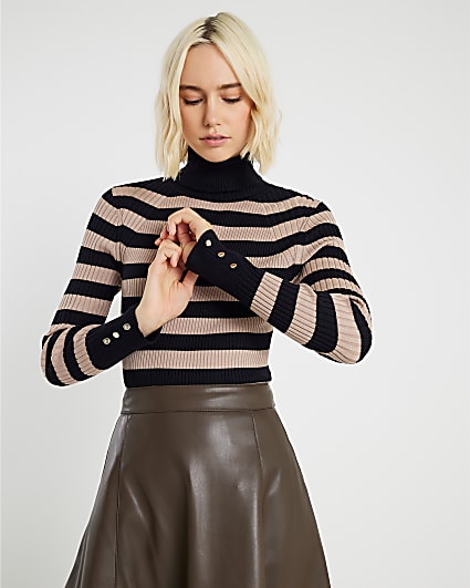 Brown Knitted Stripe Ribbed Roll Neck Top