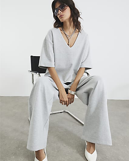 Grey Short Sleeve V Neck T-shirt