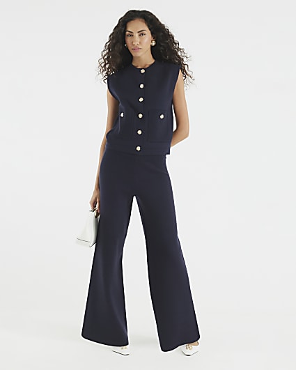 Navy Knitted Wide Leg Trousers