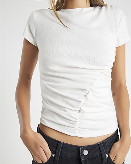 White Short Sleeve Gathered Drape Top