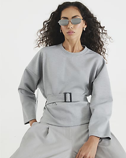 Grey Long Sleeve Belted Sweatshirt