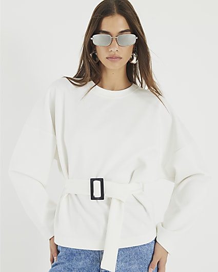 White Long Sleeve Belted Sweatshirt
