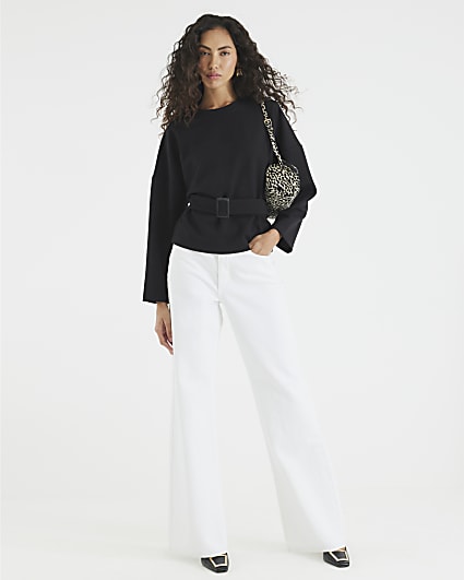 Black Long Sleeve Belted Sweatshirt