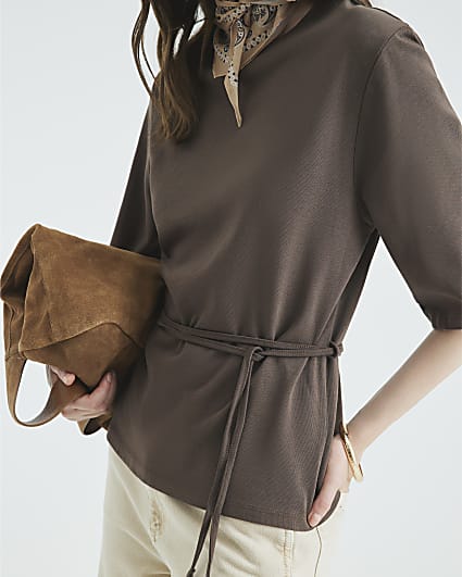 Brown Short Sleeve Belted Tie Waist T-shirt