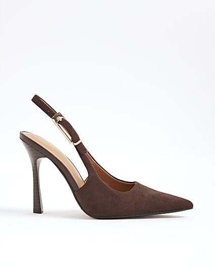Brown Faux Suede Slingback Court Heels