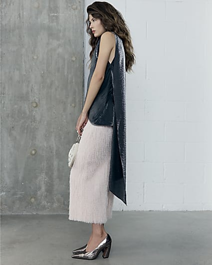 RI Studio Pink Maxi Fringe pencil Skirt