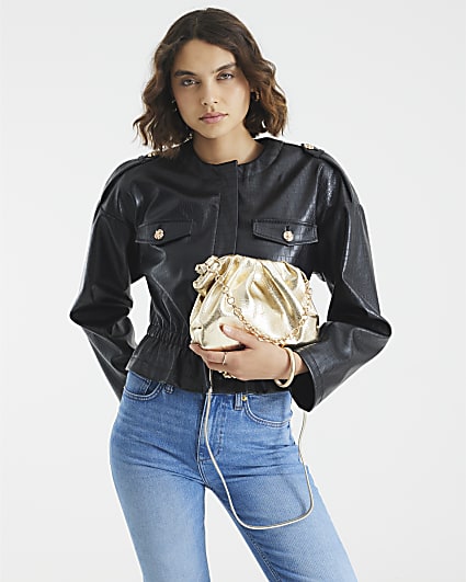 Gold Ruched Chain Detail Cross Body Bag