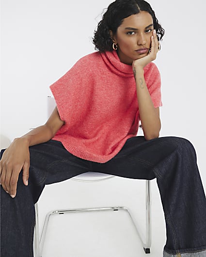Pink Knitted Sleeveless Roll Neck Top