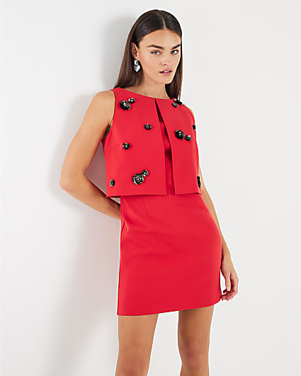 Red Embellished Layered Mini Shift Dress
