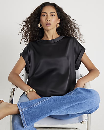 Black Satin Short Sleeve Turn Back Cuff Top