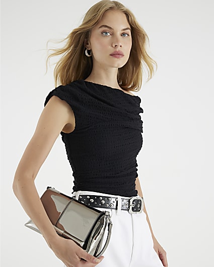 Black Textured Off The Shoulder Top