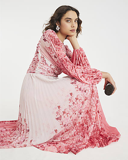 Pink Floral Long Sleeve Plisse Maxi Dress