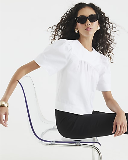 White Poplin Short Sleeve Smock Top