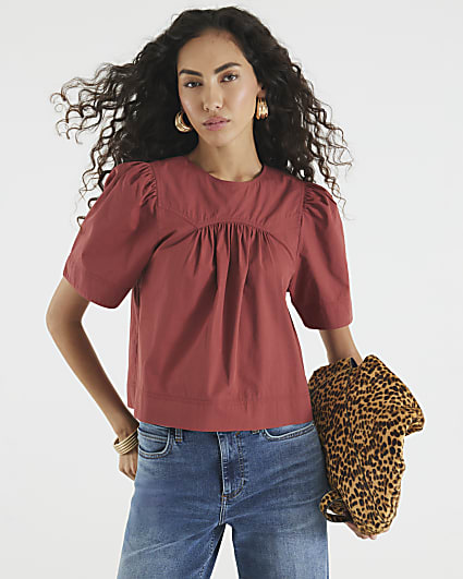 Red Poplin Short Sleeve Smock Top