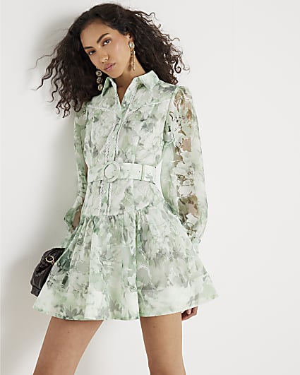 Green Premium Floral Belted Mini Dress