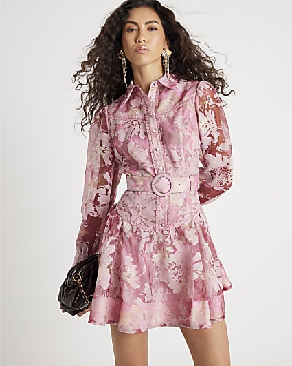 Pink Premium Floral Belted Mini Dress