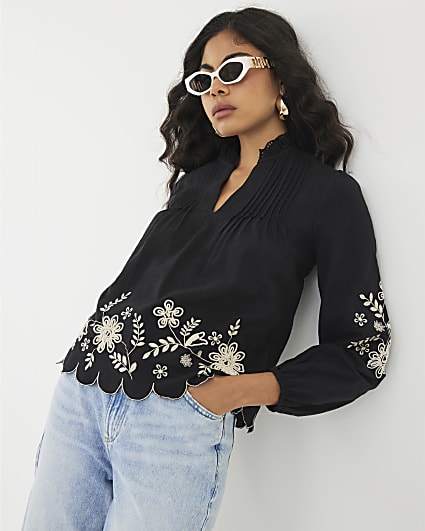 Black Long Sleeve V Neck Blouse