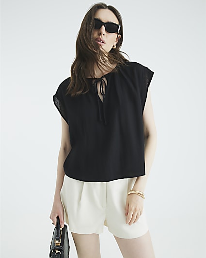 Black Linen Blend Short Sleeve Tie Front Top