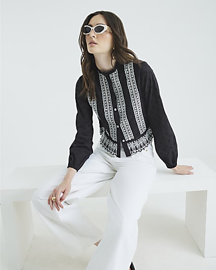 Black Long Sleeve Broderie Blouse