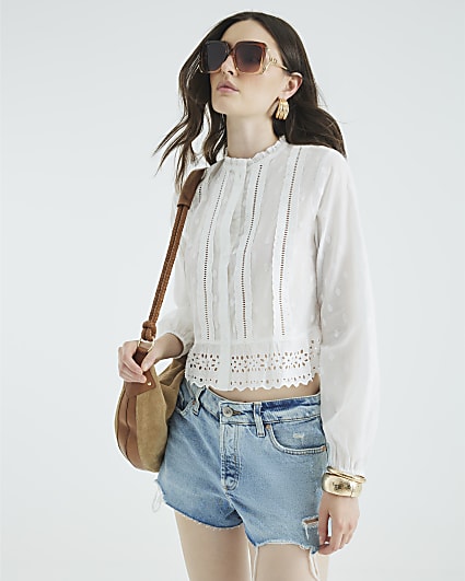Cream Long Sleeve Broderie Blouse