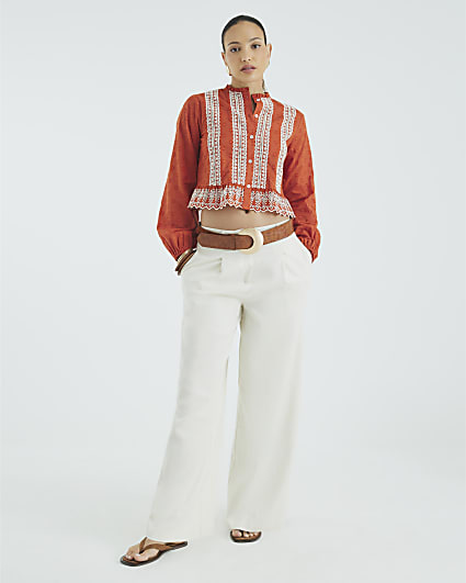 Orange Long Sleeve Broderie Blouse