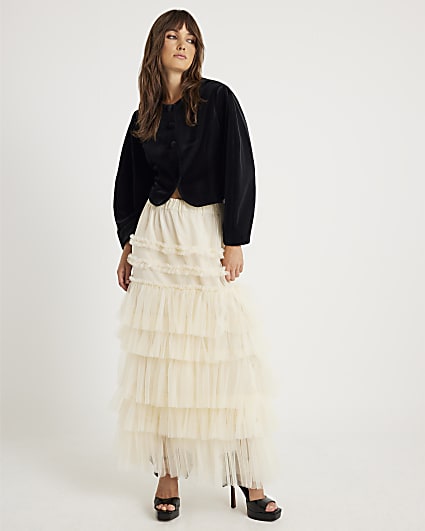 Cream Tulle Mesh maxi Skirt