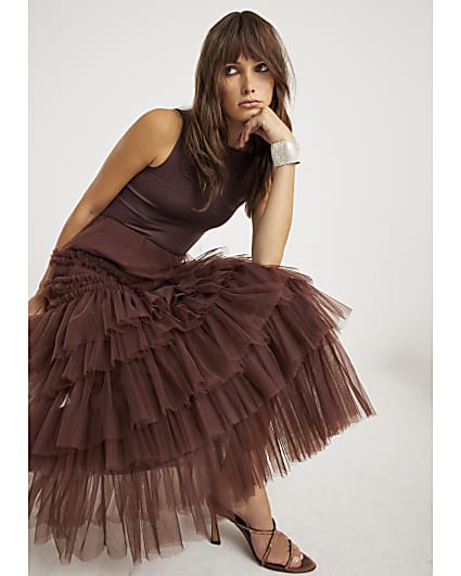 Brown Tulle Mesh Maxi Skirt