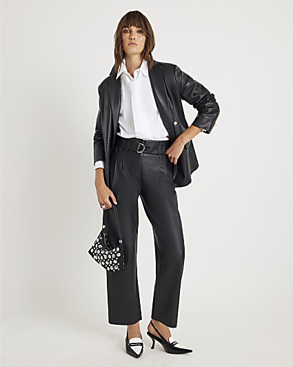 Black Faux Leather Tapered Belted Trousers