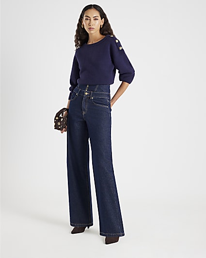 Blue Double Waistband Wide Leg Jeans