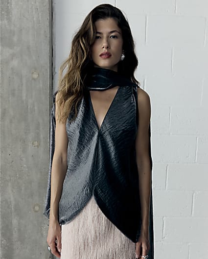 RI Studio Silver Cape Scarf neck flowy top