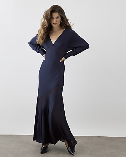 RI Studio Navy Mesh Fishtail Maxi dress