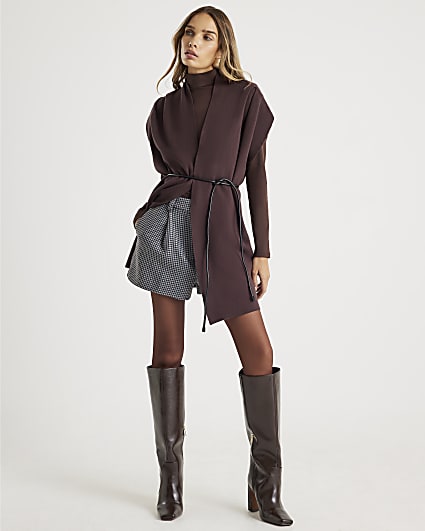 Brown Belted Sleeveless Cardigan