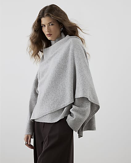 RI Studio Grey Wool Wrap Cape Jumper