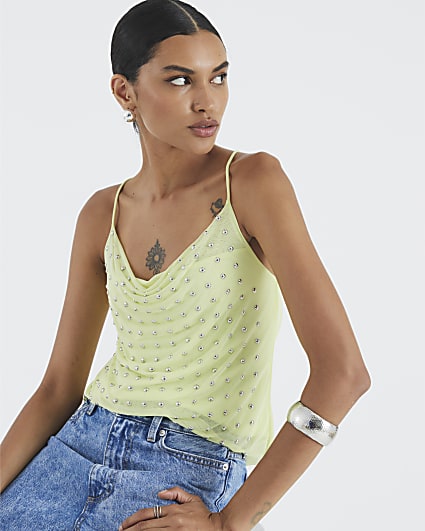 Green Sleeveless Studded Cowl Neck Cami Top