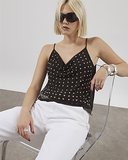 Black Sleeveless Studded Cowl Neck Cami Top